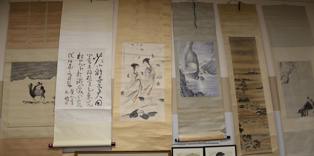 Appraisal: Group of Seven Oriental Scrolls to include watercolor landscape with