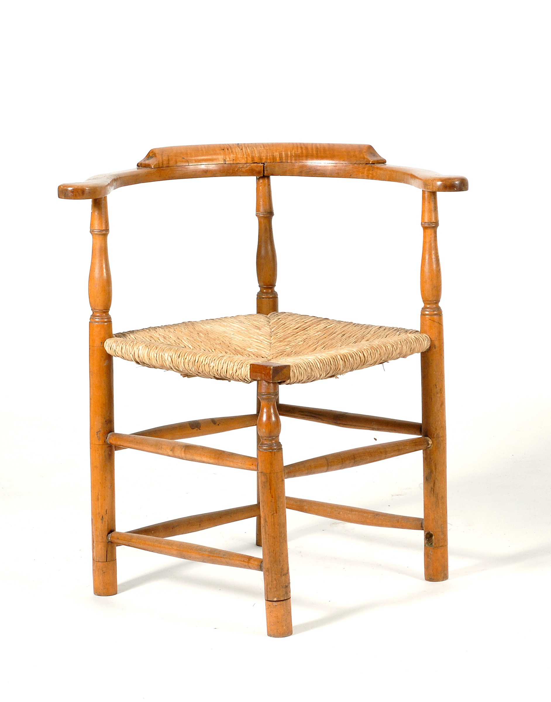 Appraisal: TH CENTURY AMERICAN CORNER CHAIR Curly maple arms and crest