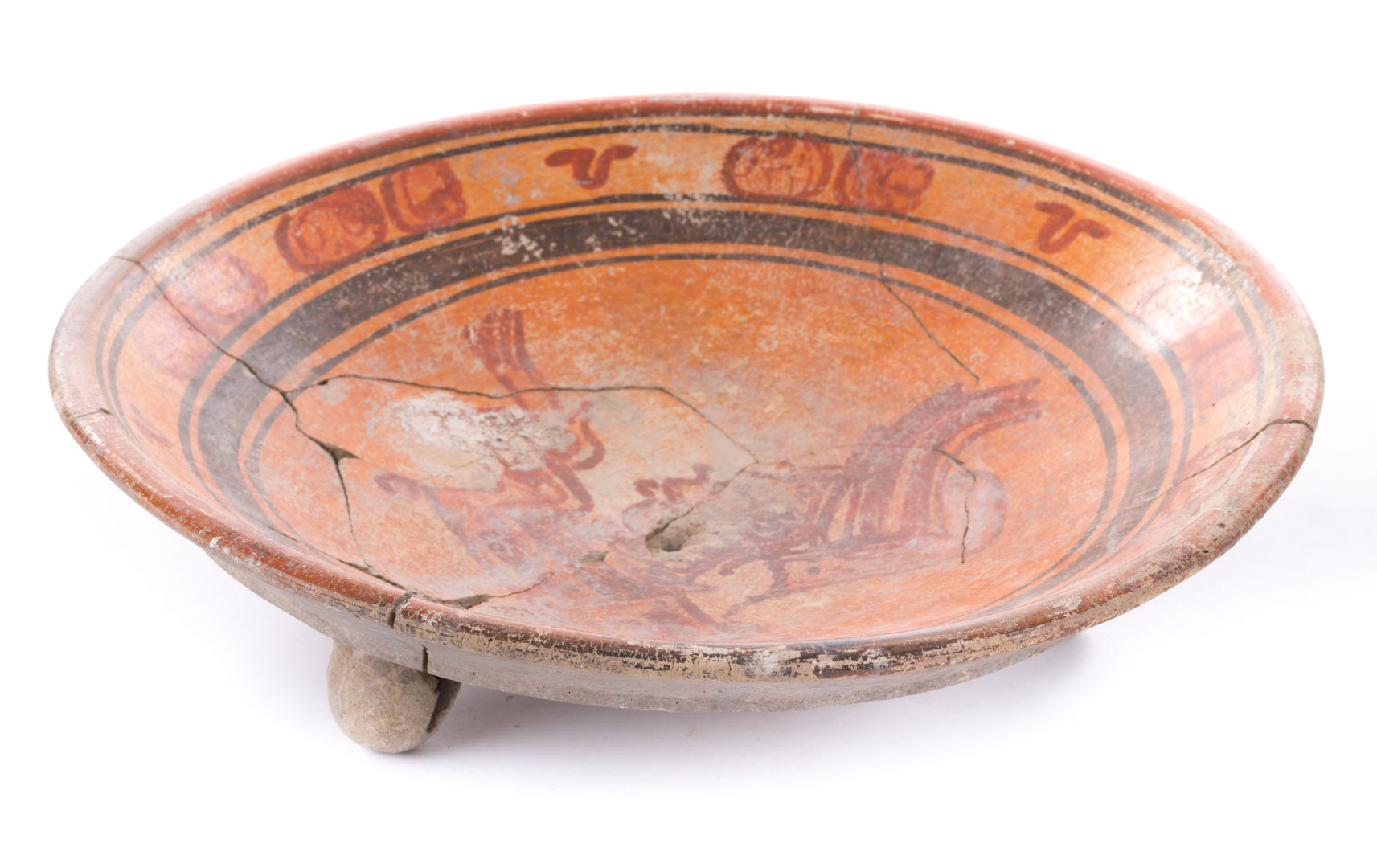 Appraisal: Mayan pottery tripod plate Late Classic period polychrome glyph in