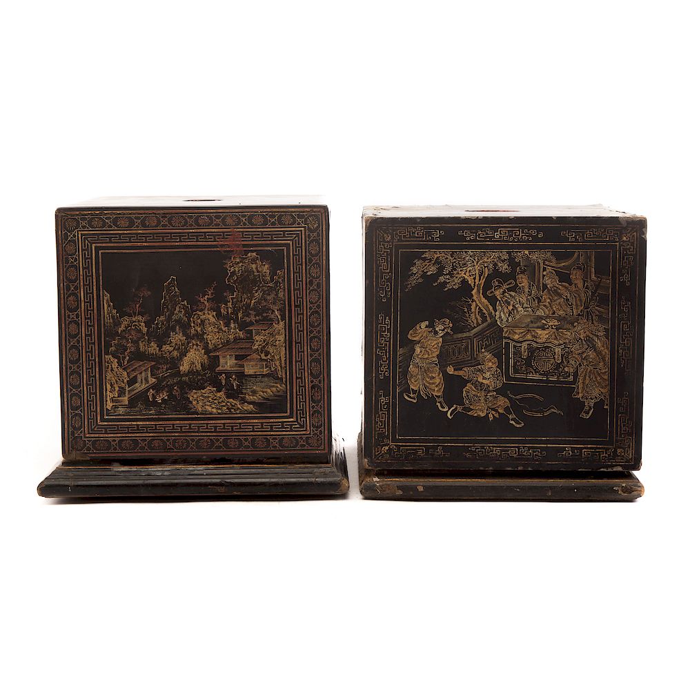 Appraisal: Pair Chinese Black Lacquer Boxes with Bases late th century