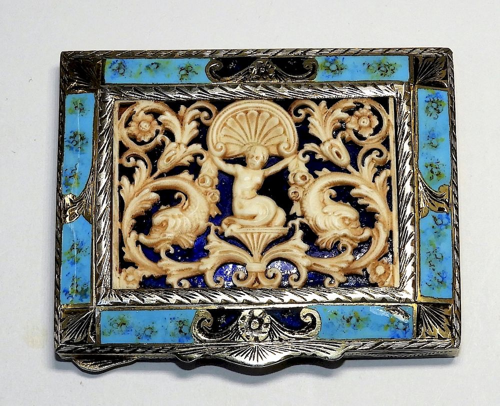 Appraisal: C Italian Enamel Silver Powder Compact Italy C Floral carved