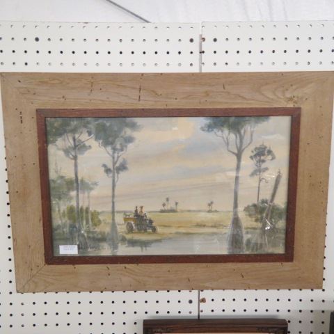 Appraisal: Lillian Henry watercolor early Floridalandscape figures dog on tractor near