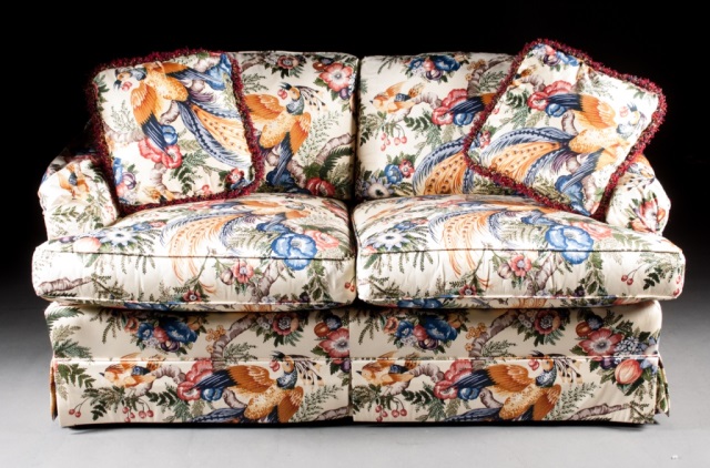 Appraisal: a Contemporary upholstered sofa and ottoman Southwood Furniture tropical bird