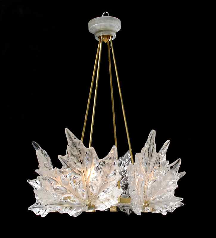 Appraisal: LALIQUE CHAMPS ELYSEES CRYSTAL CHANDELIER Frosted glass leaf form decoration