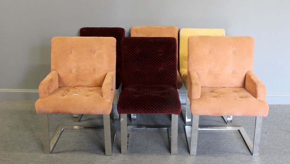 Appraisal: MIDCENTURY Upholstered And Chrome Chairs arms and sides From a