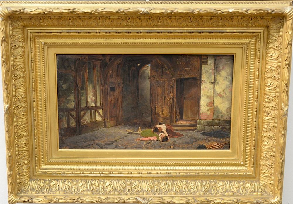 Appraisal: Oil on canvas Sorrow Over Cavalier interior castle scene having