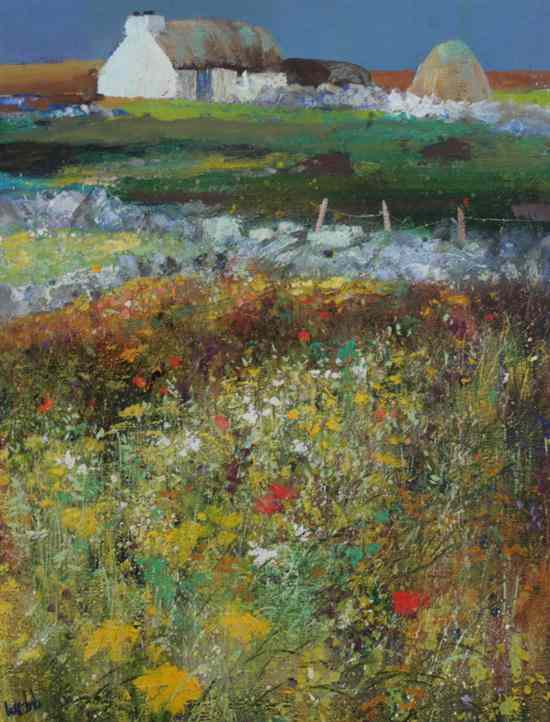 Appraisal: KENNETH WEBB Irish b FIELD OF FLOWERS WITH DISTANT THATCHED