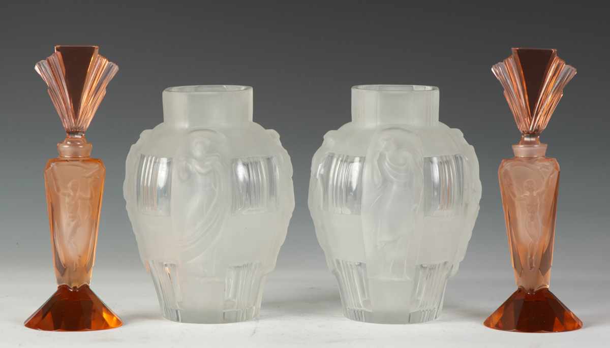 Appraisal: Pair of Sgn R Lalique Art Deco Vasesw nude figures