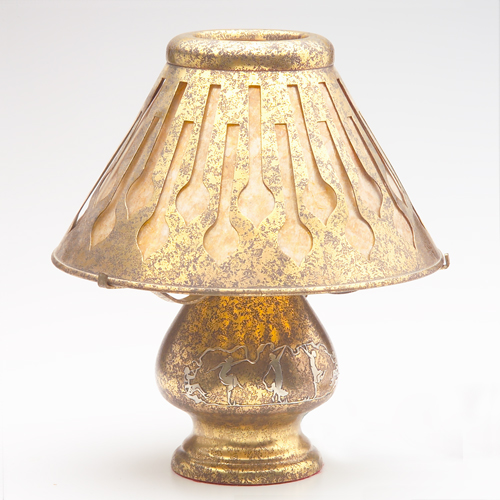 Appraisal: HEINTZ Sterling-on-Bronze acid-etched brass-finish boudoir lamp with shade of pierced