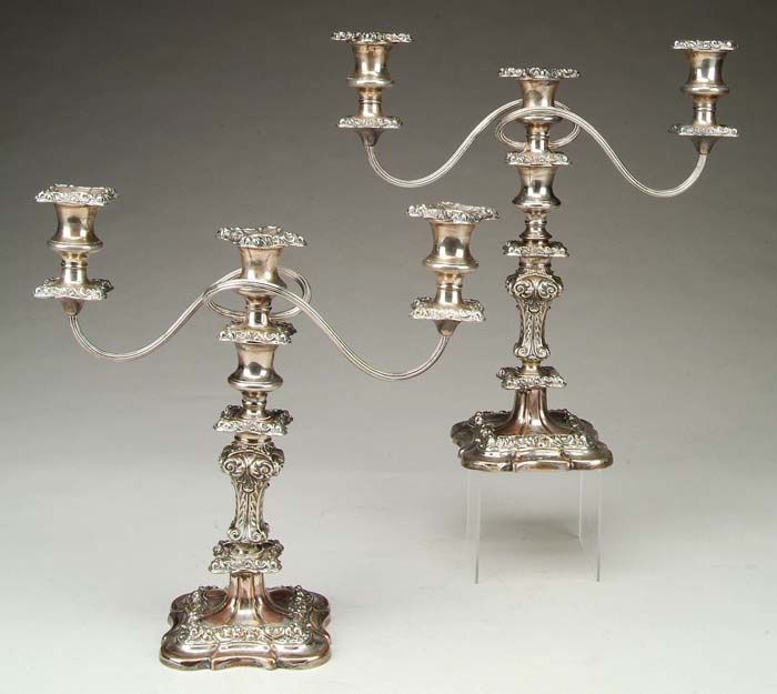 Appraisal: PAIR OF ANTIQUE SHEFFIELD DOUBLE BRANCH TWO SECTIONED CANDELABRAS Rococo