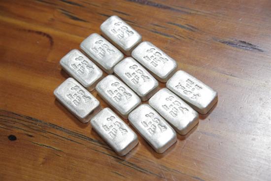 Appraisal: ELEVEN STERLING SILVER BARS Each impressed ''JPM oz Fine'' ''