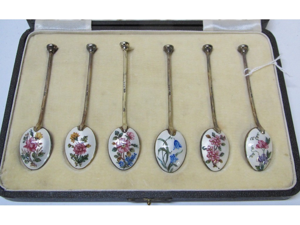 Appraisal: A cased set of six silver and floral enamel spoons