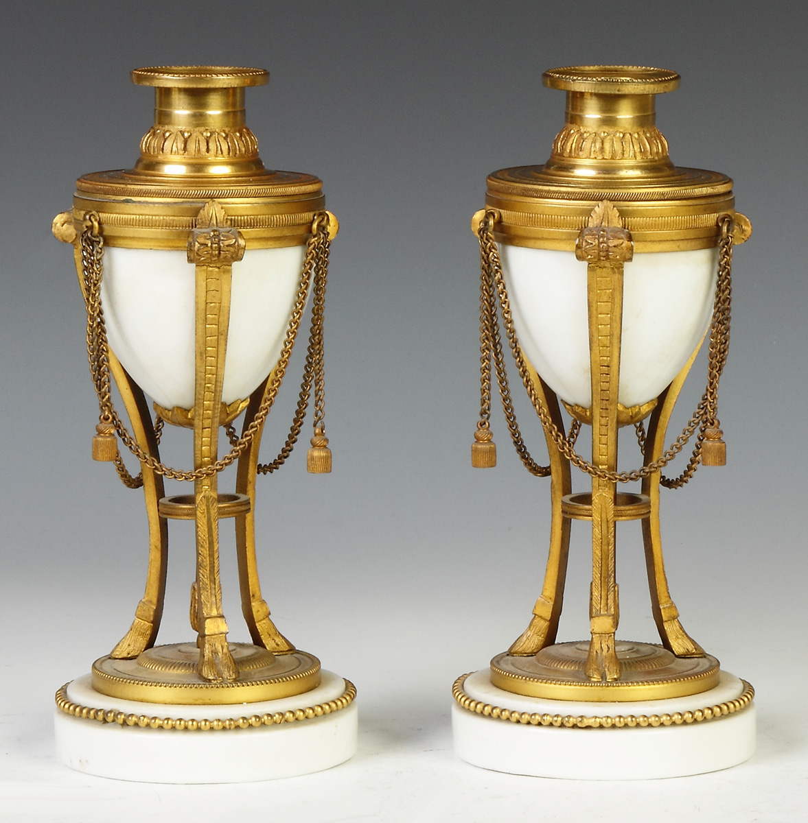 Appraisal: French Gilt Bronze Porcelain Candle Holder Urns th cent