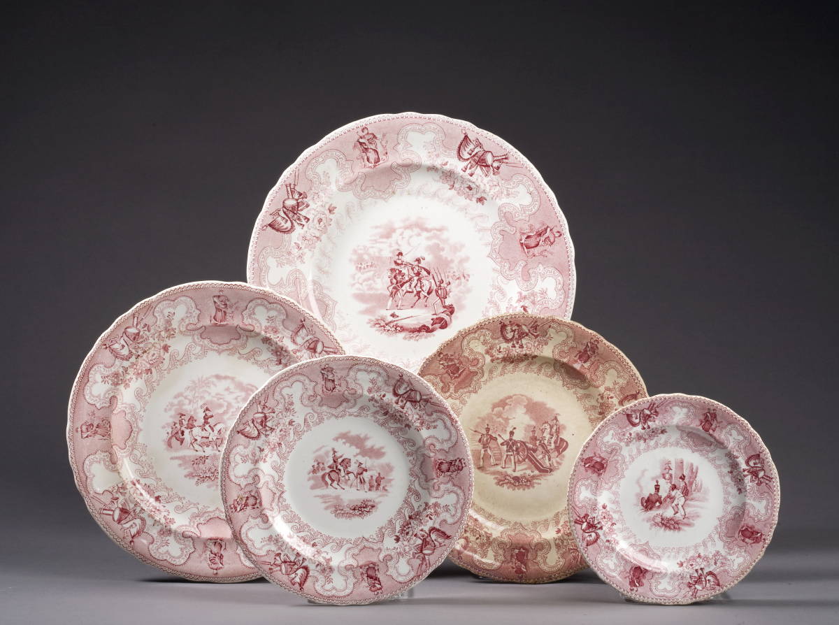 Appraisal: TEXIAN CAMPAIGNE FIVE STAFFORDSHIRE RED TRANSFER-PRINTED PLATES JAMES BEECH Comprising