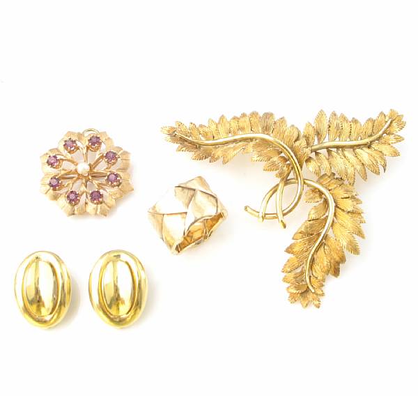 Appraisal: A collection of gold jewelry including three gem-set and gold