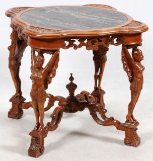 Appraisal: ITALIAN CARVED WALNUT AND INSET MARBLE TABLE C ITALIAN CARVED