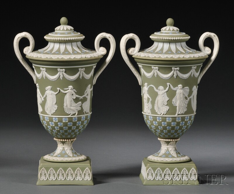 Appraisal: Pair of Wedgwood Three-color Jasper Dip Diceware Vases and Covers