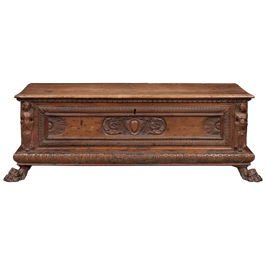 Appraisal: Italian Renaissance Walnut Cassone The hinged rectangular top opening to