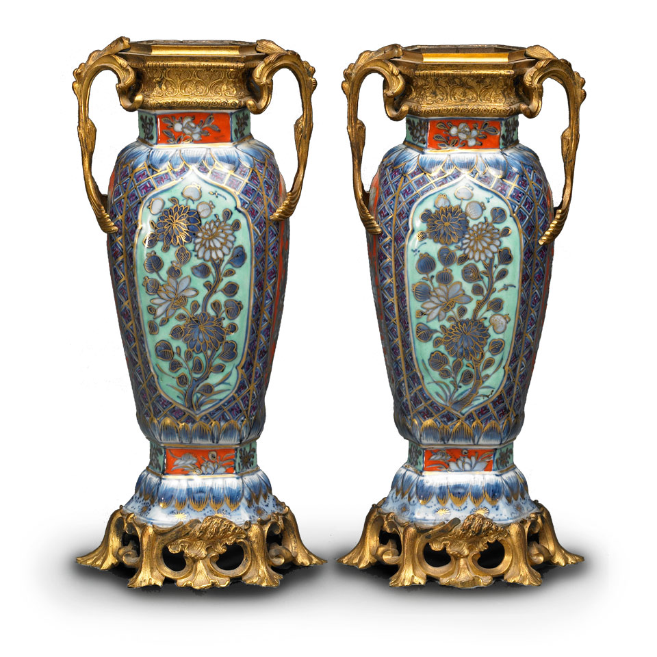 Appraisal: Pair of French Ormolu Mounted Enameled Cabinet Vases Qing Dynasty