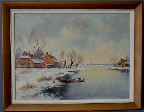 Appraisal: Oil on canvas painting of a Dutch waterway and farmhouse