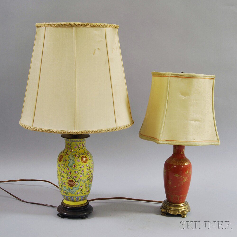 Appraisal: Two Chinese Porcelain Jars Mounted as Lamps an enameled jar