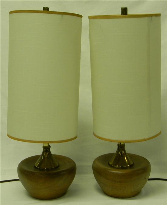 Appraisal: Two Mid-Century wood and brass table lamps cylindrical shades ''