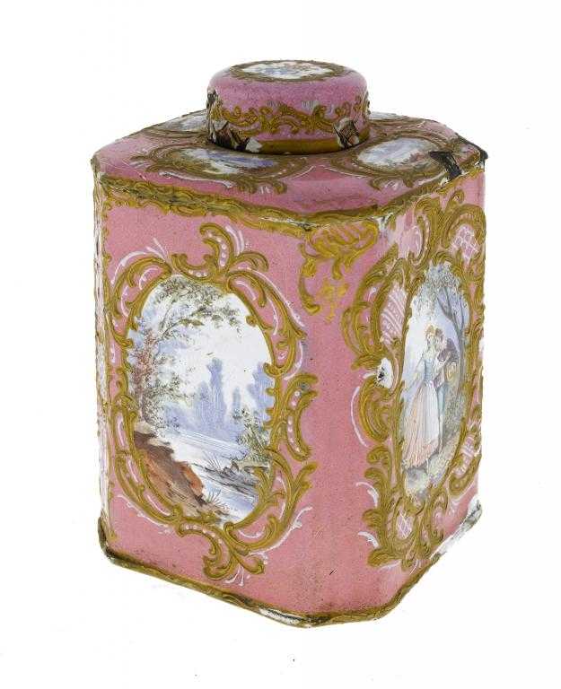 Appraisal: A FRENCH ENAMEL TEA CANISTER AND COVER one side painted