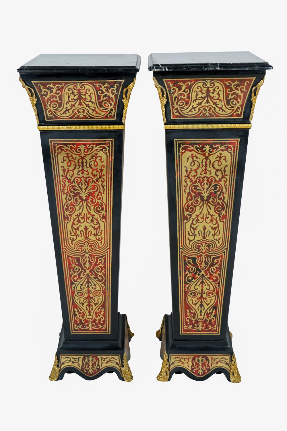 Appraisal: PAIR OF BOULLE STYLE PEDESTALSmodern with square black marble tops