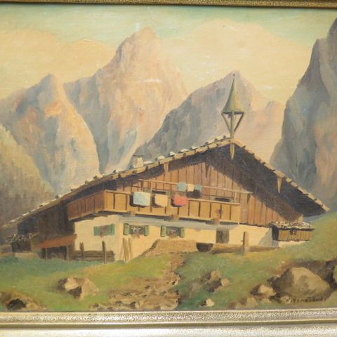 Appraisal: Oil Painting of a European Home in the Mountians signed