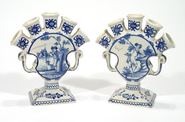 Appraisal: Pair of five necked Delft flat sided pottery vases hand