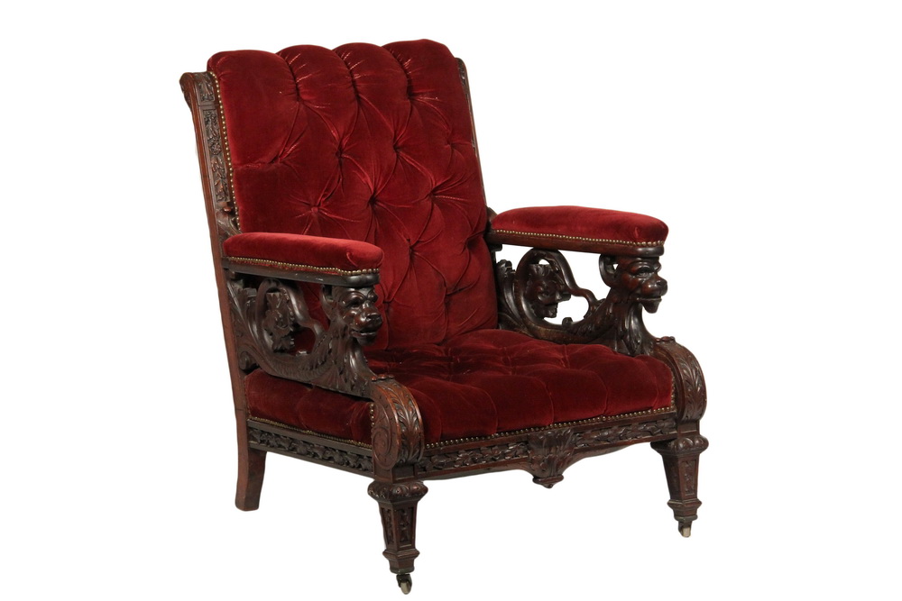 Appraisal: VICTORIAN GENT'S ARMCHAIR - Rollback Button Tufted Upholstered Armchair in