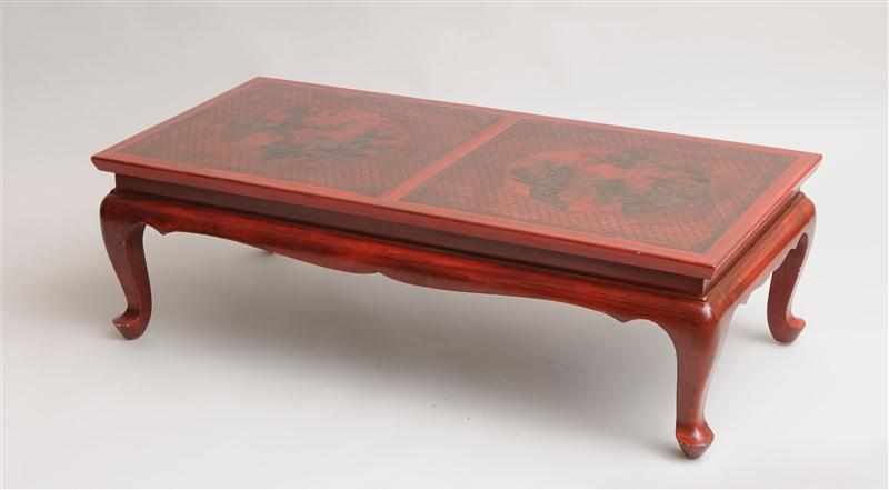 Appraisal: CHINESE RED LACQUER COFFEE TABLE Of typical form and decorated