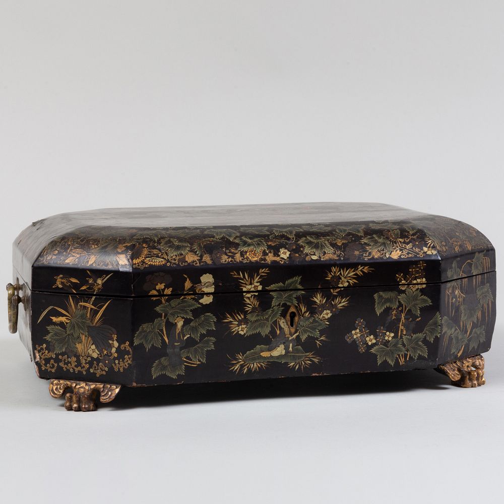 Appraisal: Chinese Export Gilt-Decorated Black Lacquer Games Box With a fitted