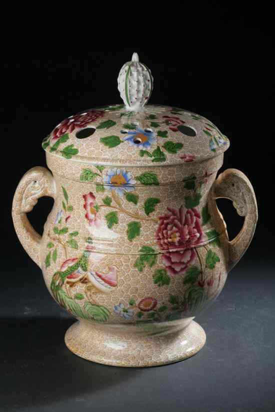 Appraisal: COPELAND AND GARRET EARTHENWARE POTPOURRI URN Circa With hand-painted floral