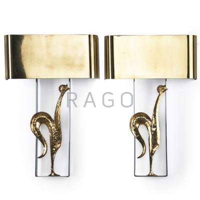 Appraisal: CHARLES ET FILS Pair of rooster sconces France s Brass