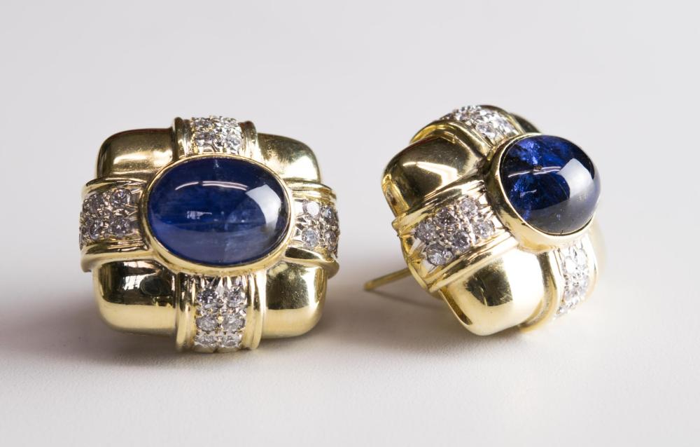 Appraisal: PAIR OF SAPPHIRE DIAMOND AND EIGHTEEN KARAT GOLD EARRINGS WITH