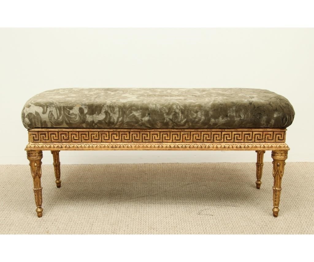 Appraisal: French Louis XVI style bench with carved giltwood legs h