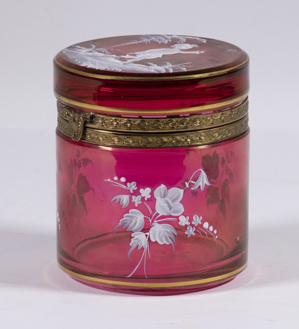 Appraisal: CRANBERRY GLASS MARY GREGORY LIDDED JAR Victorian Enameled Glass Round