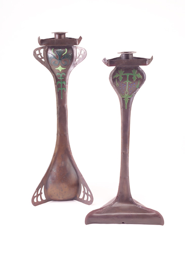 Appraisal: ART CRAFTS SHOP BUFFALO Two tall copper candlesticks enameled with