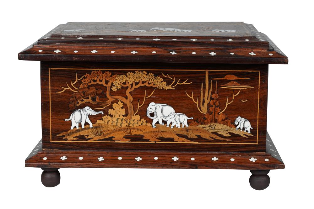 Appraisal: WOOD BONE INLAID BOXelephant motif the interior with purple velvet