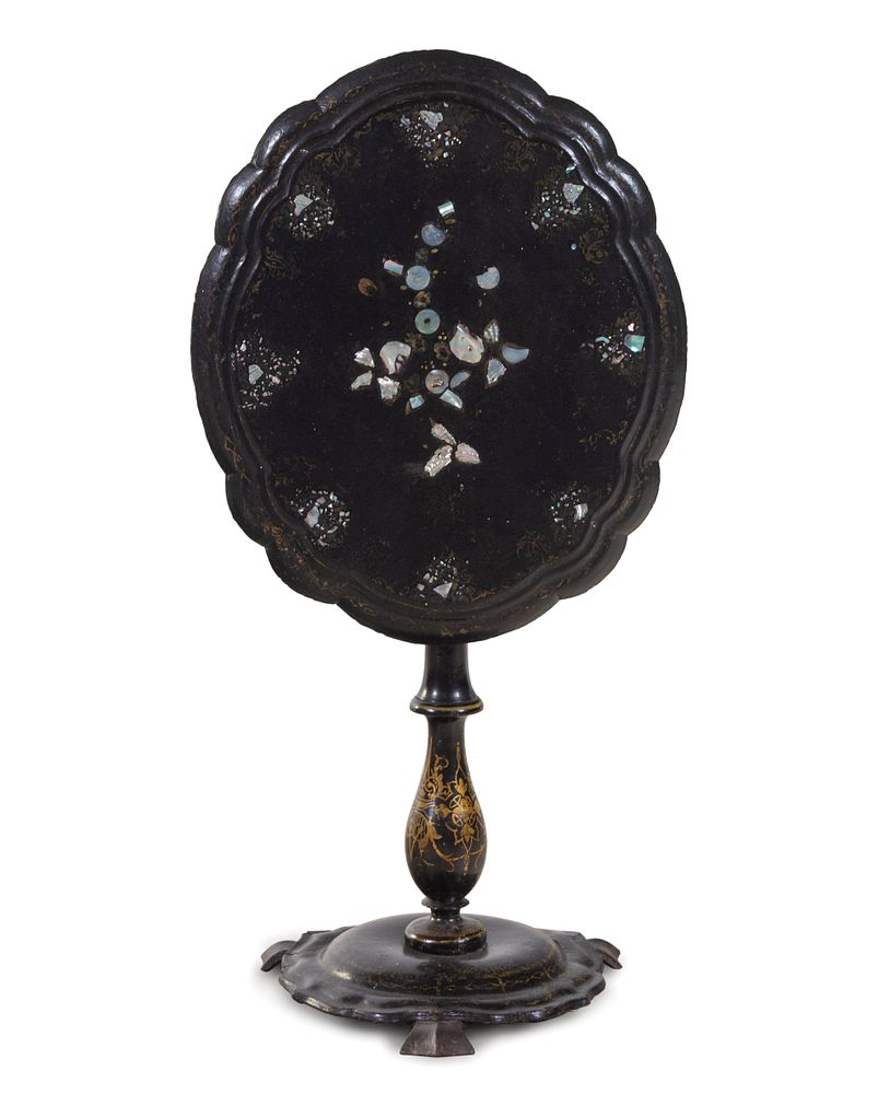 Appraisal: A Victorian Lacquered and Mother-of-Pearl Inlaid Tilt-Top Table A Victorian