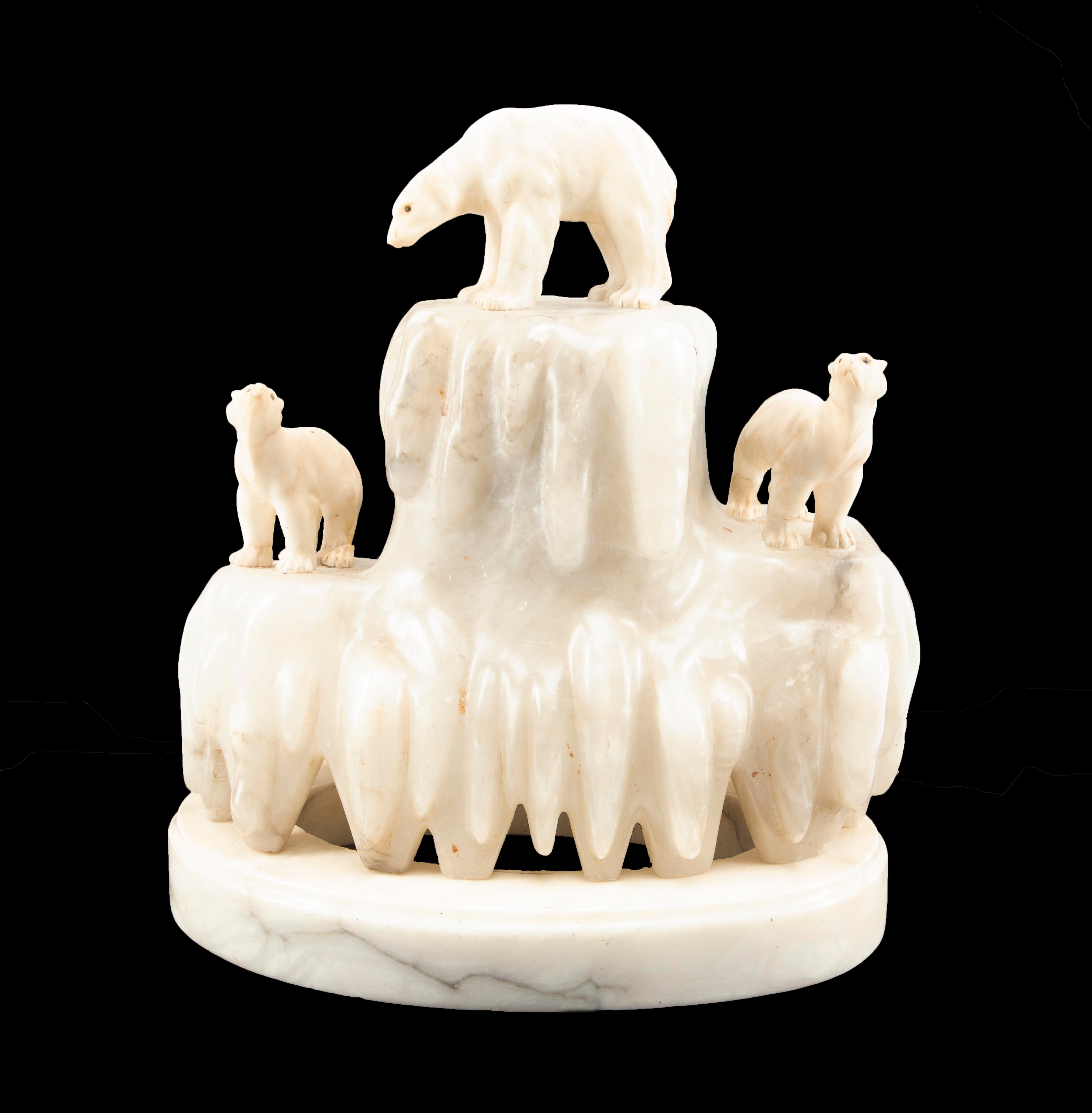 Appraisal: CARVED ALABASTER ICEBERG W POLAR BEARS TABLE LAMP Art Deco