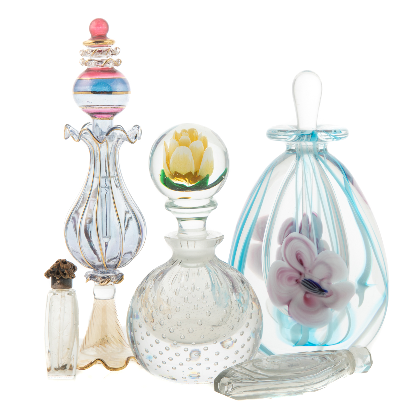 Appraisal: FIVE ASSORTED GLASS SCENT BOTTLES Late th th centuries globular