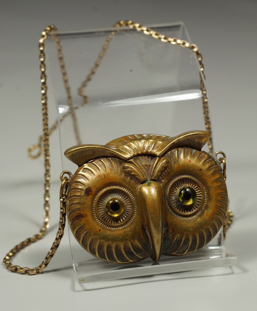 Appraisal: Brass owl head match safe hinged spring loaded lid glass