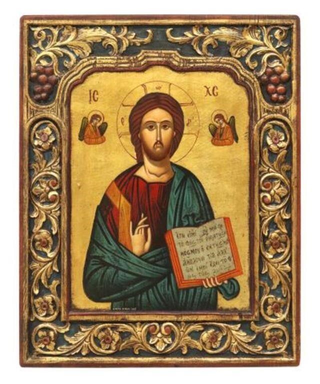 Appraisal: Greek Orthodox tempera on wood panel icon Christ Pantocrator signed