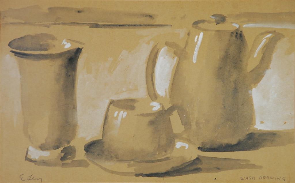 Appraisal: EMMANUEL LEVY - WASH DRAWING Still life with tea cup