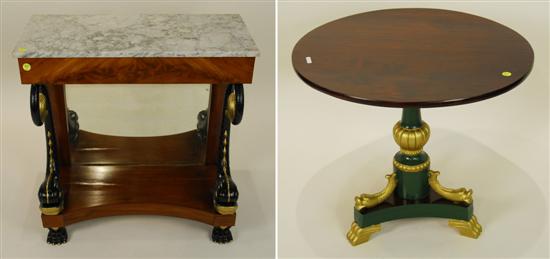 Appraisal: REGENCY STYLE EBONIZED AND GILT MAHOGANY MARBLE TOP CONSOLE TABLE