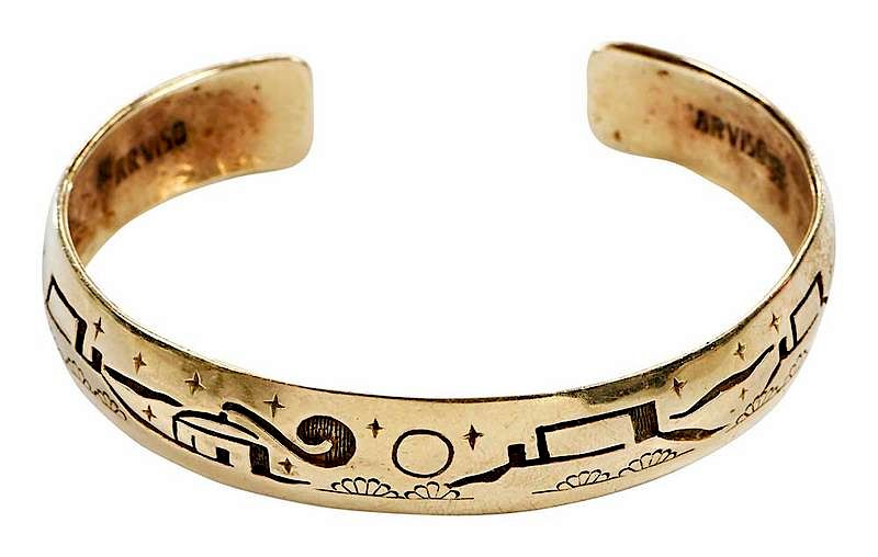 Appraisal: Southwestern kt Gold Cuff Bracelet mesa scene hand inscribed Origin