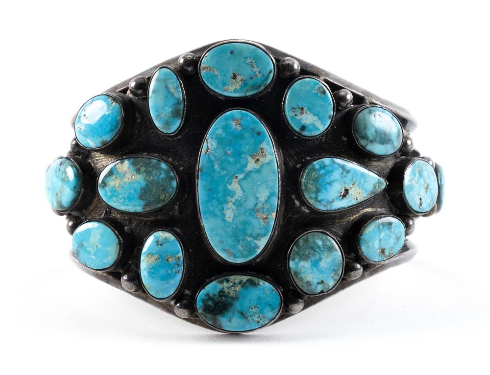 Appraisal: EXCEPTIONAL NAVAJO SILVER AND TURQUOISE CLUSTER BRACELET MID- TH CENTURY