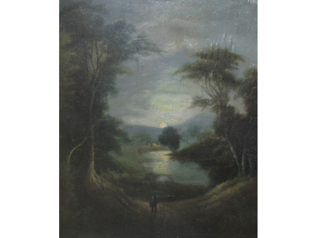 Appraisal: Oil on board Moonlit landscape with a figure unsigned